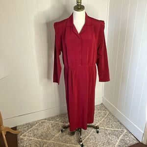 Vintage Womens Large Pellini by Von Bramlett Midi Dress Burgundy Long Sleeve